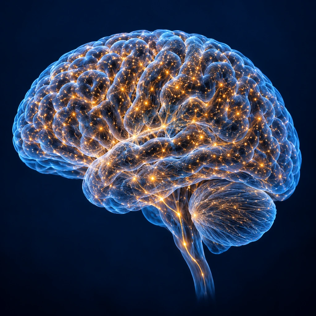 Translucent brain lit by scattered points of light