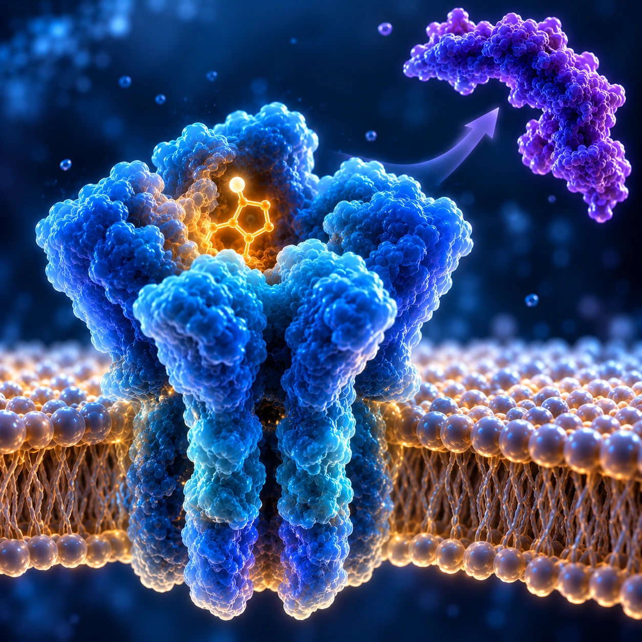 Nicotine molecule seated in a receptor pocket with a violet protein drifting away