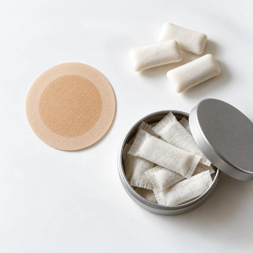 A patch, pieces of gum and an open tin of pouches