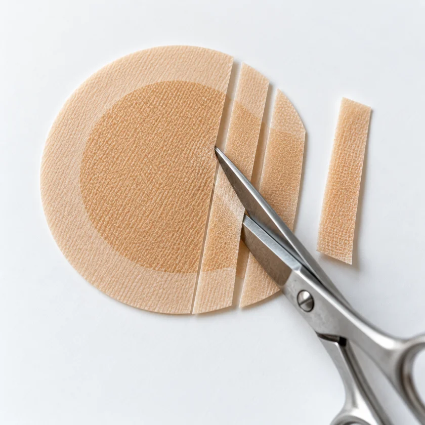 Scissors cutting a patch into strips