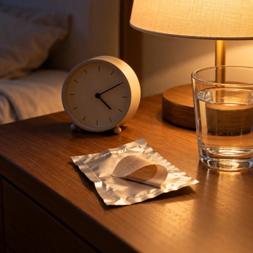 Folded used patch on a bedside table at night