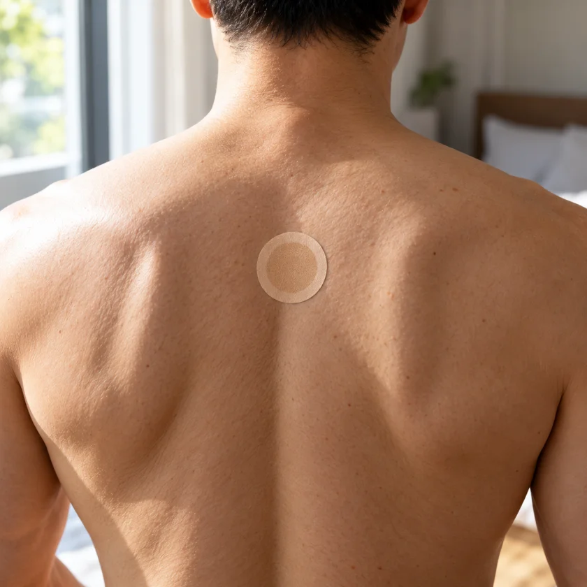 Patch between the shoulder blades of an anonymous adult seen from behind