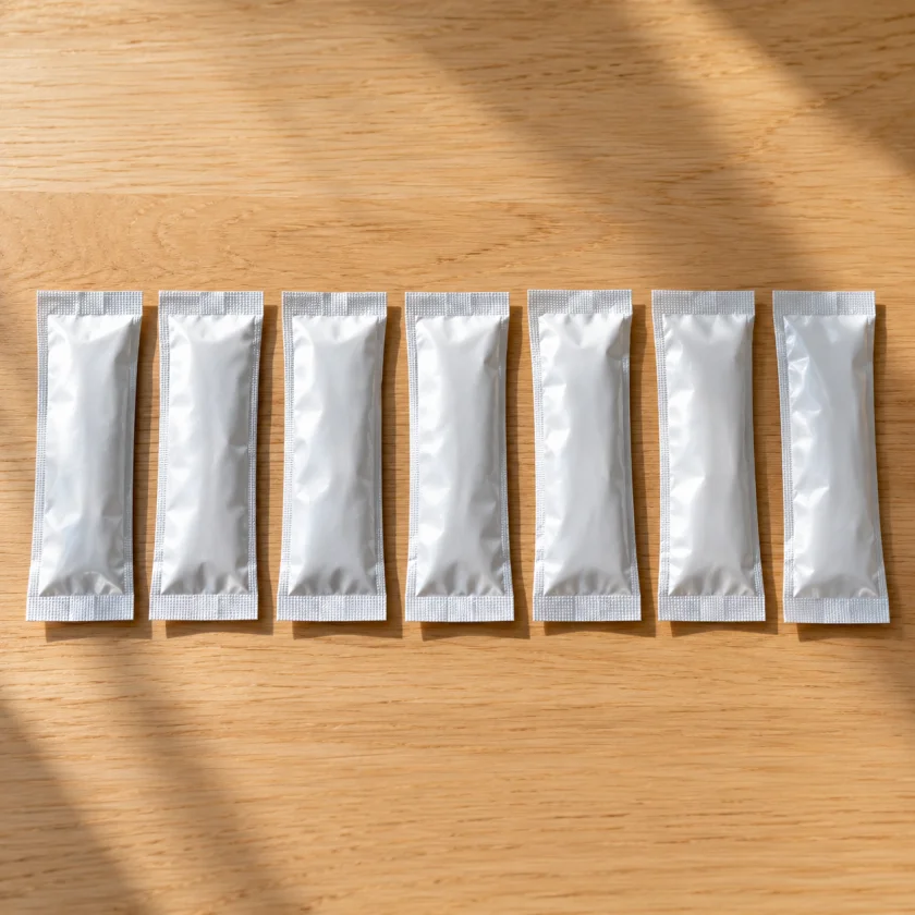 Seven plain patch sachets in a row