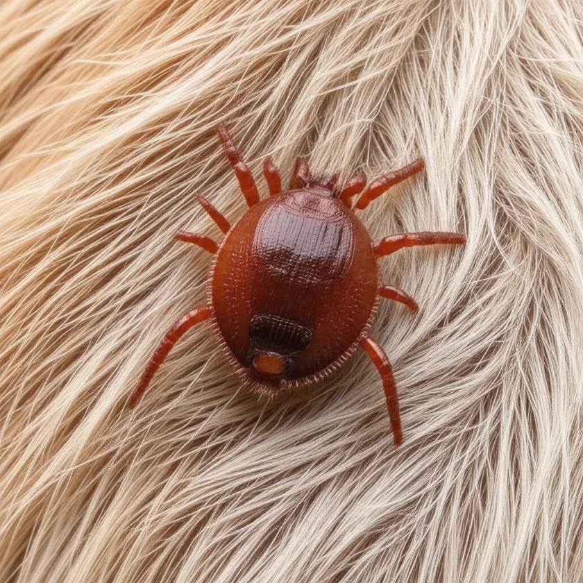 A brown dog tick in a dog's coat
