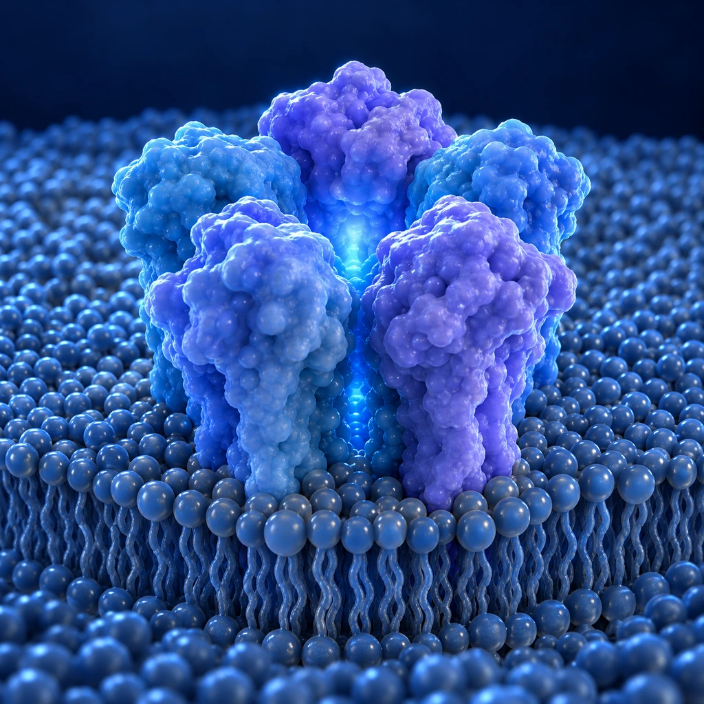 Five receptor subunits around a central pore in a cell membrane
