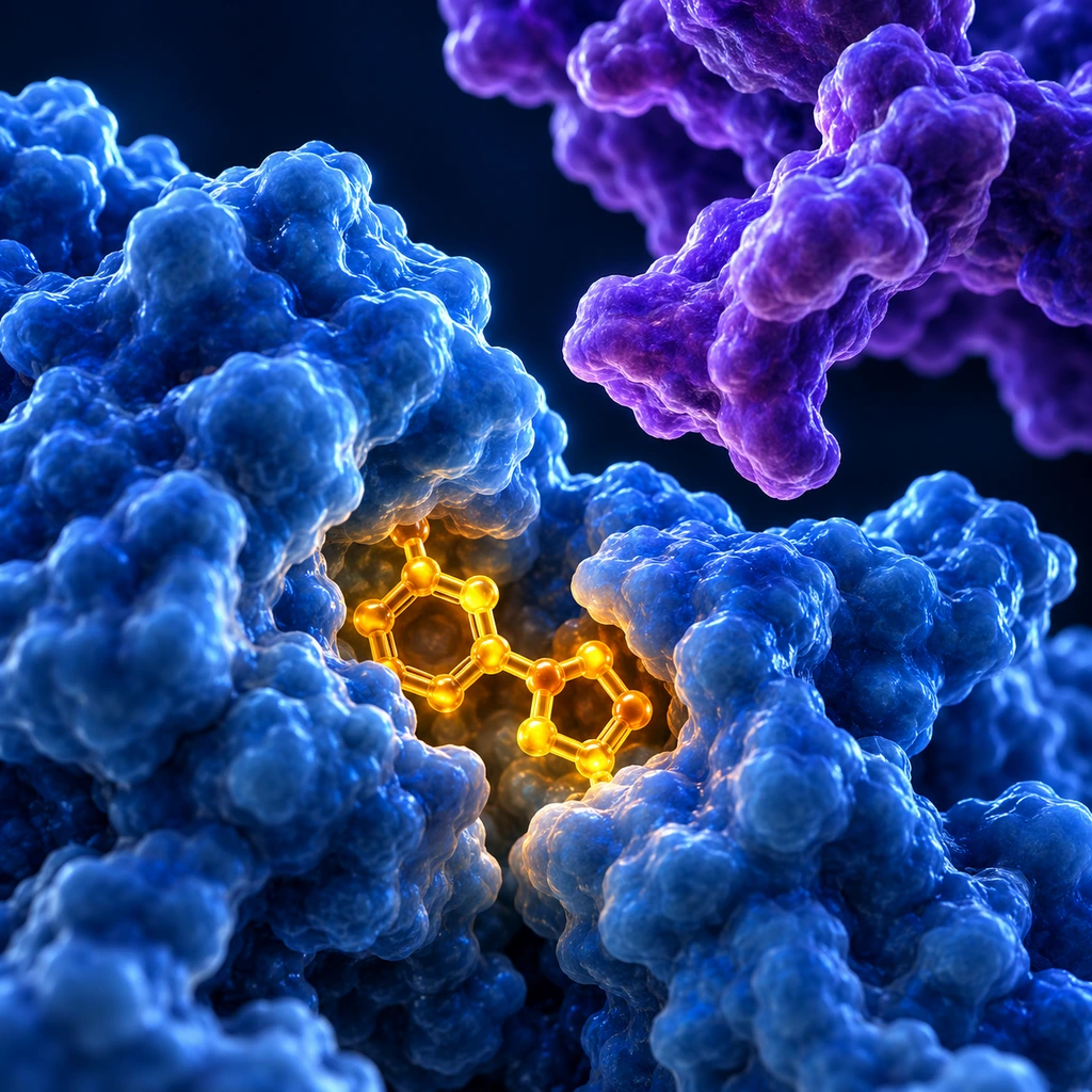 Nicotine molecule in a receptor pocket with a protein fragment outside it