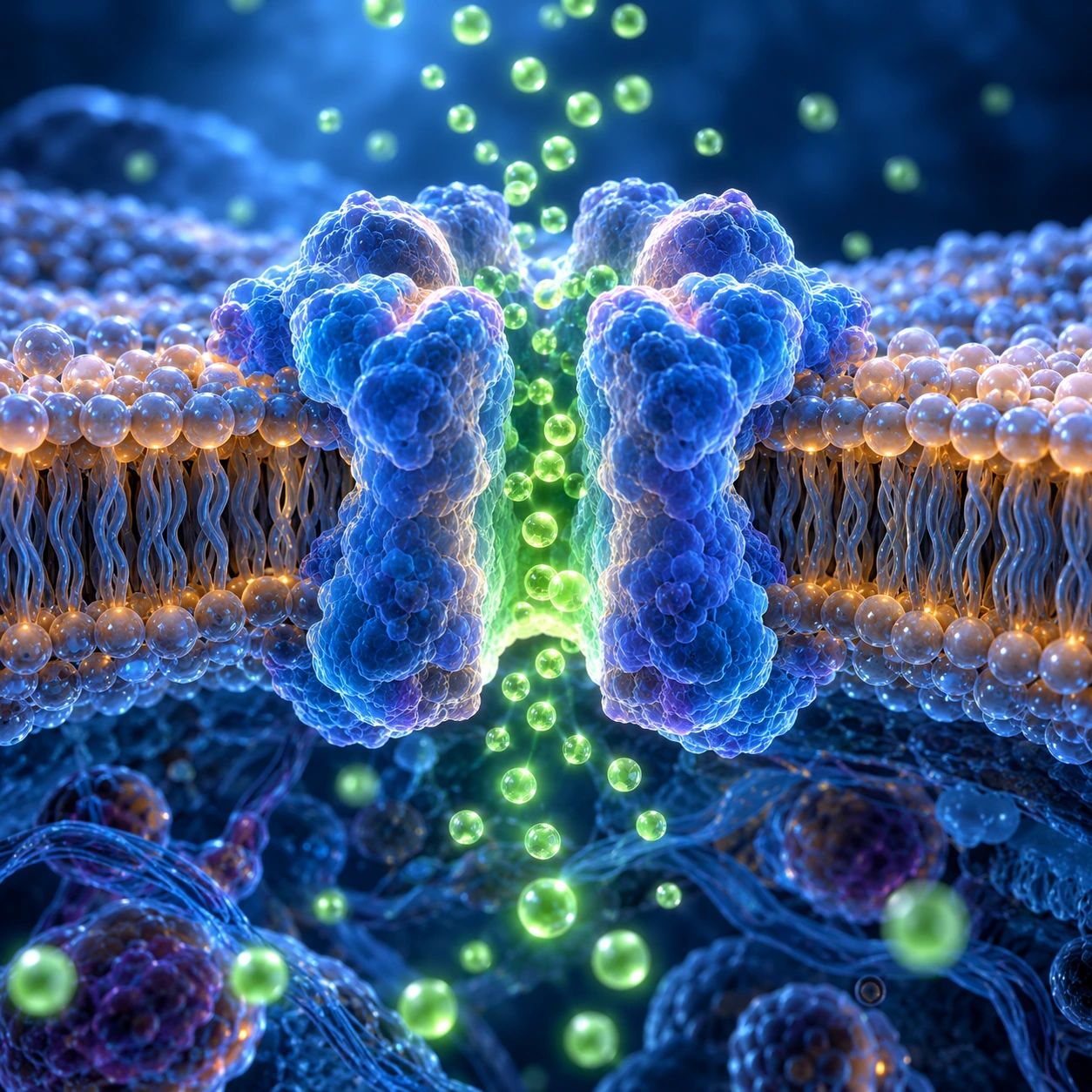 Ions streaming through an open receptor pore