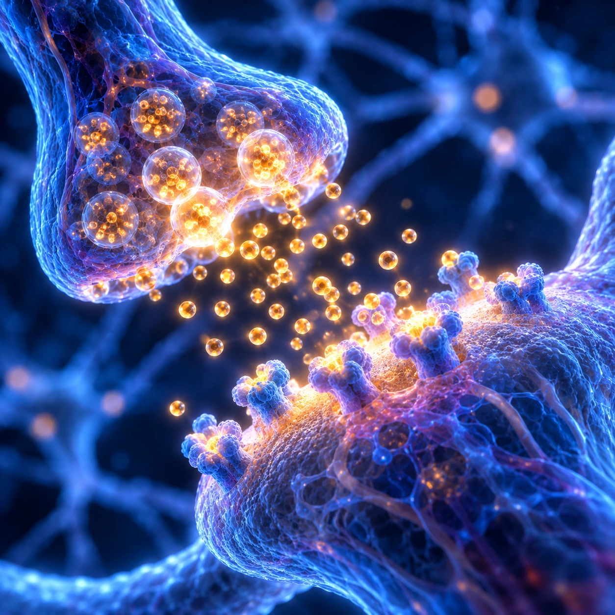 Synapse with glowing receptors and molecules crossing the gap