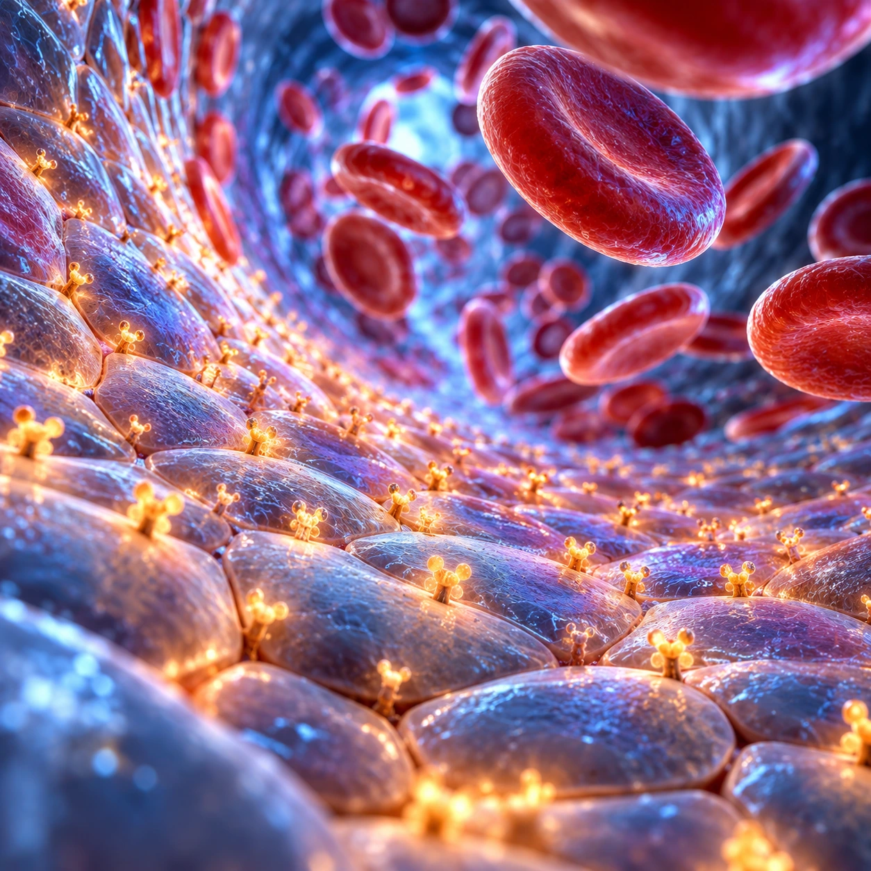 Inside of a blood vessel with receptors dotted on the lining