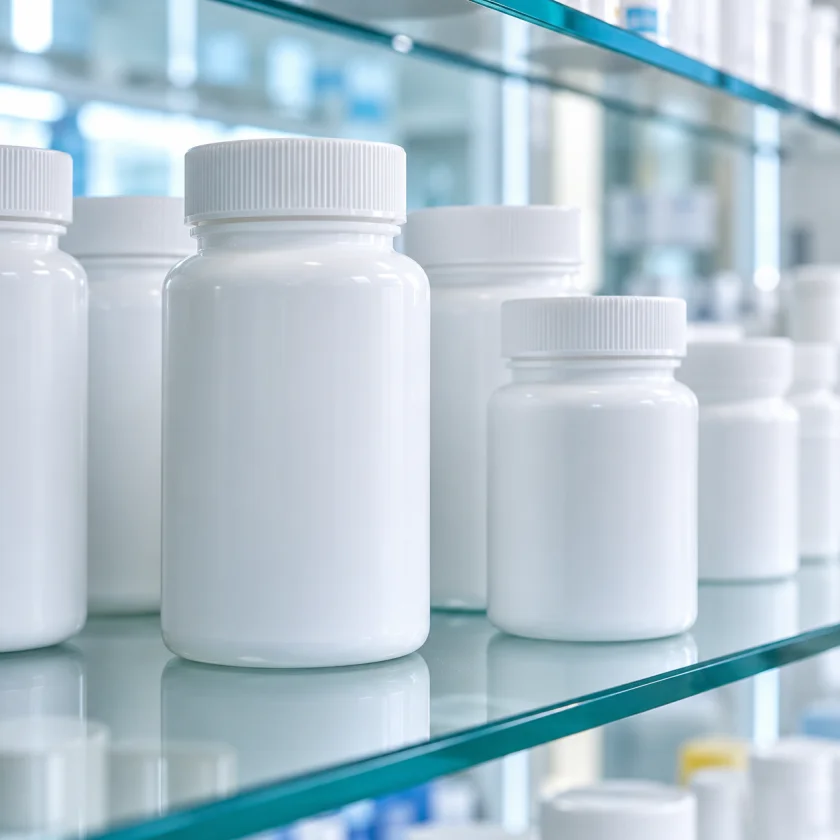 Plain unlabeled pill bottles on a shelf