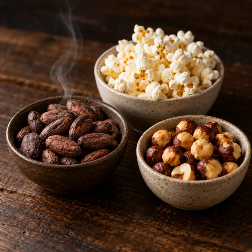 Bowls of roasted cocoa beans, hazelnuts and popcorn