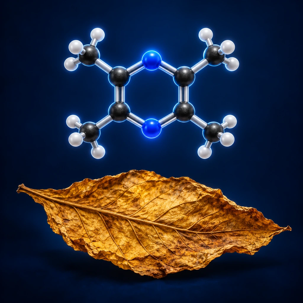 Glowing pyrazine molecule above a dried tobacco leaf