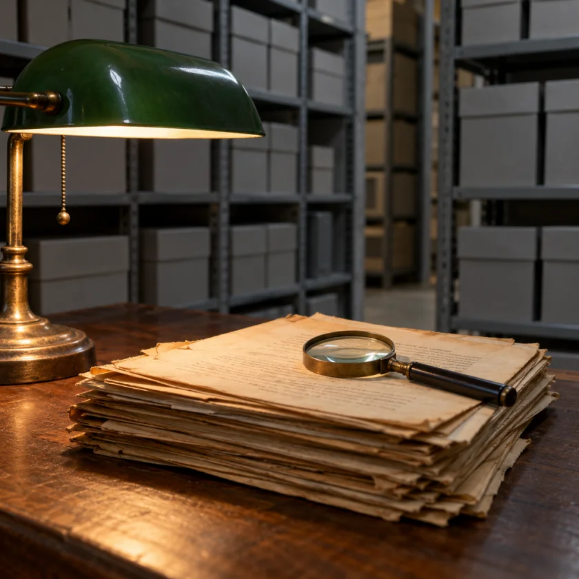 Archive shelves and a stack of old typed memos under a desk lamp