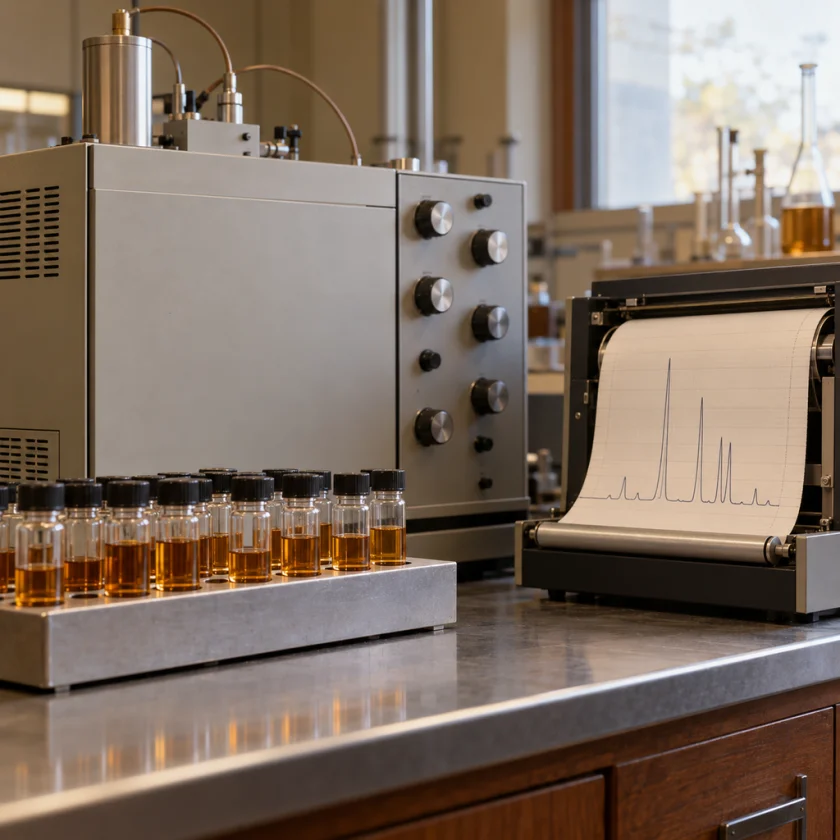 Vintage analytical laboratory with a gas chromatograph and vials of amber liquid
