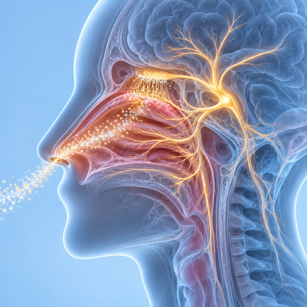 Translucent head in profile with glowing nasal passages and trigeminal nerve