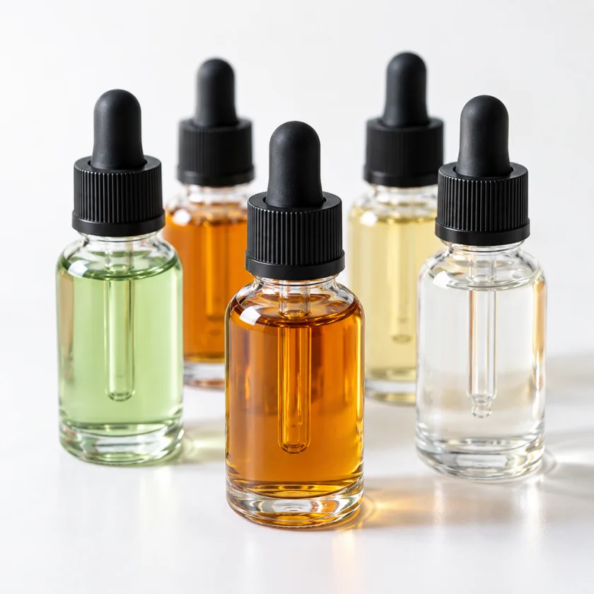 Small unlabeled dropper bottles of tinted e-liquid