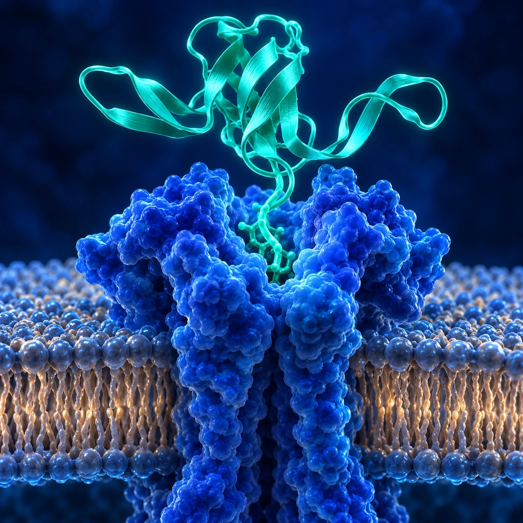Three-finger toxin ribbon reaching into a receptor pocket