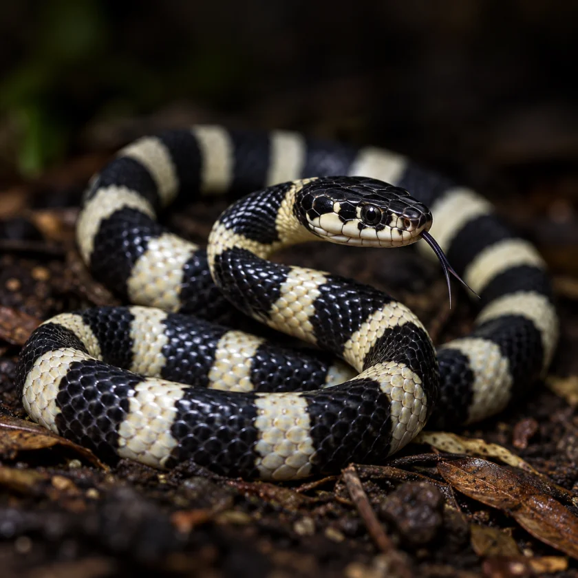 Banded krait snake coiled on dark ground