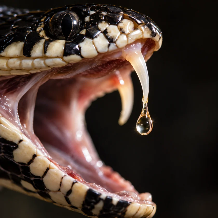Venom droplet at the tip of a fang