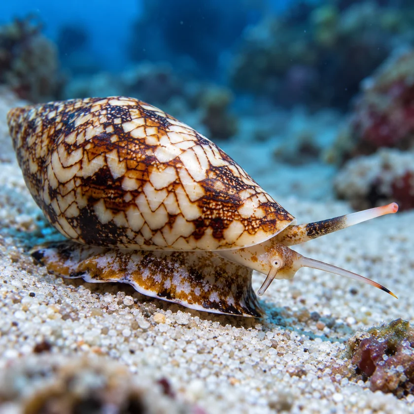 Cone snail with its proboscis extended