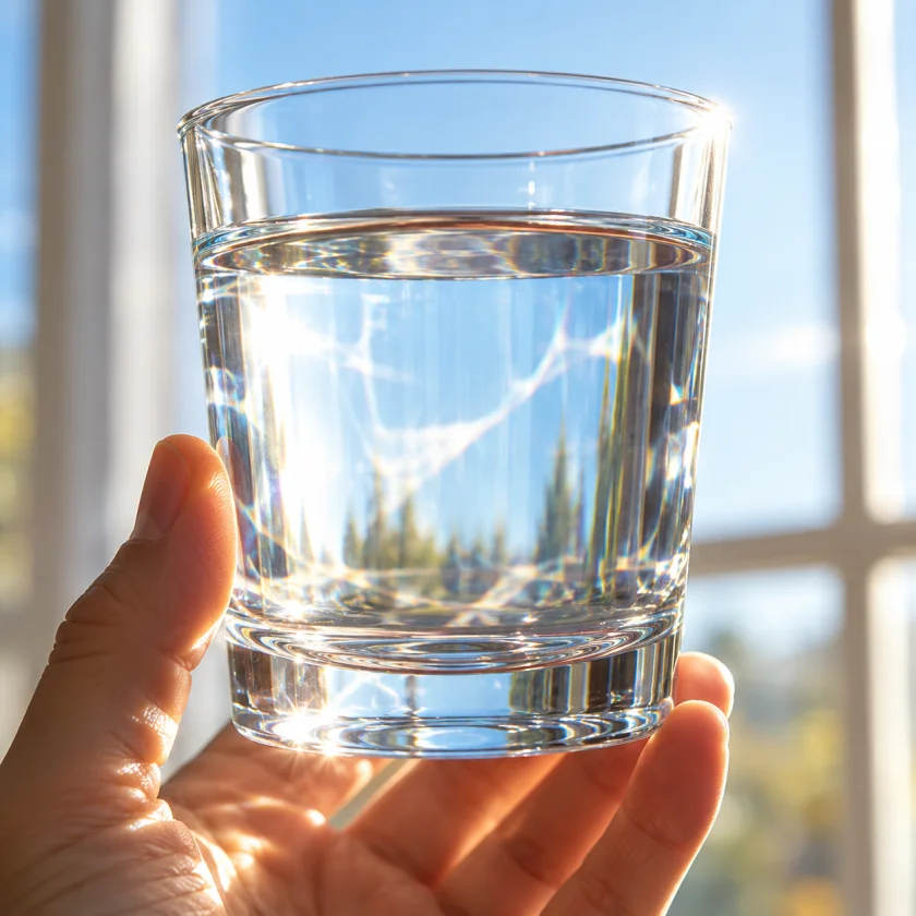 Glass of water held up to a window