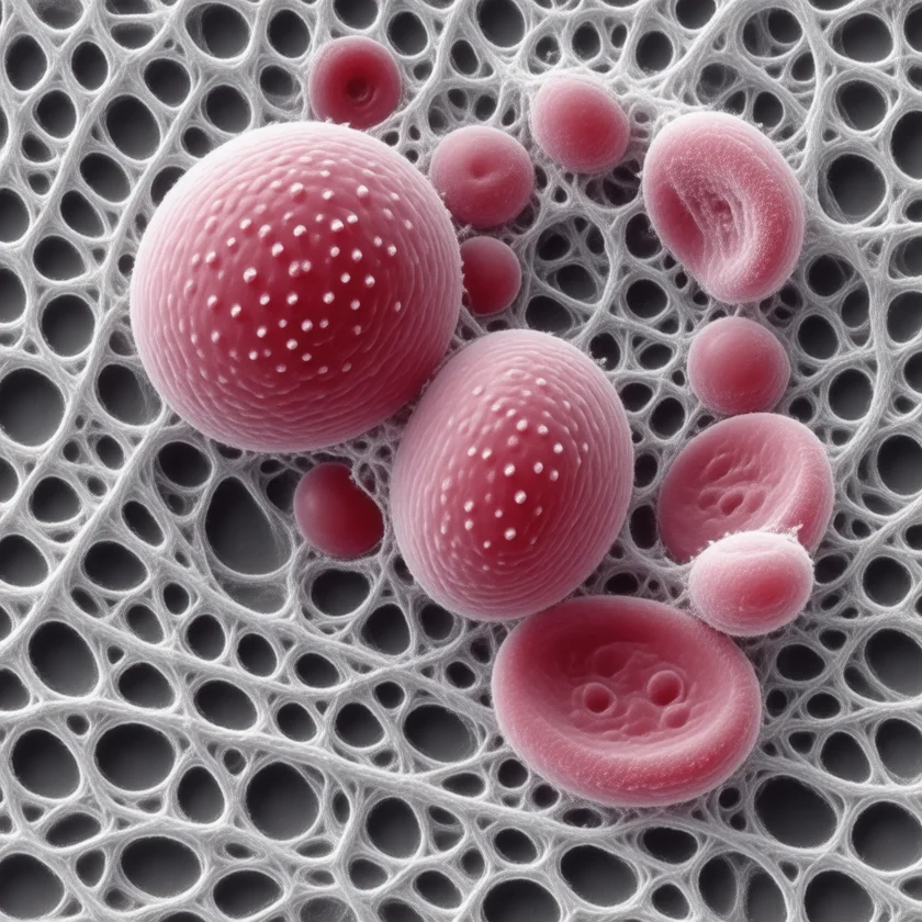 A blood clot: red cells caught in fibrin threads