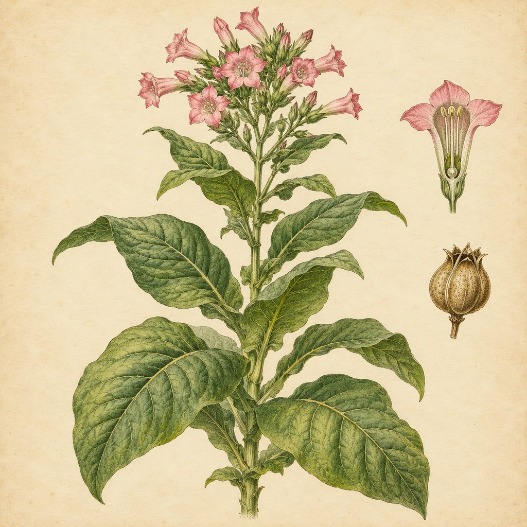 Botanical plate of the tobacco plant Nicotiana tabacum with pink flowers