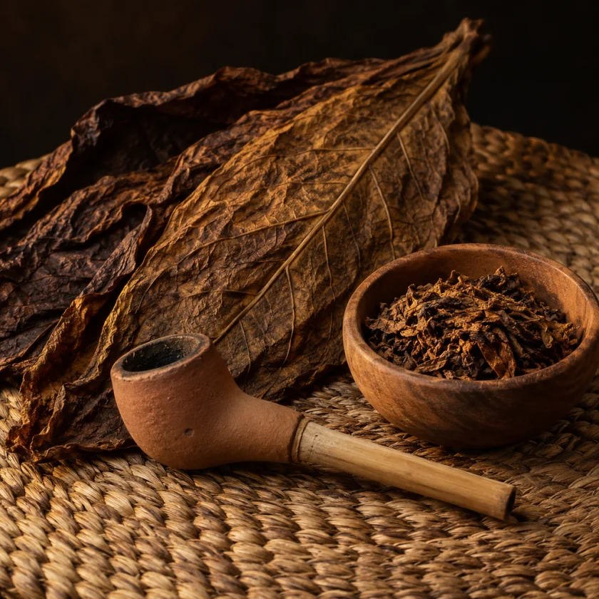 Dried tobacco leaves, a clay pipe and a bowl of shredded leaf on a woven mat