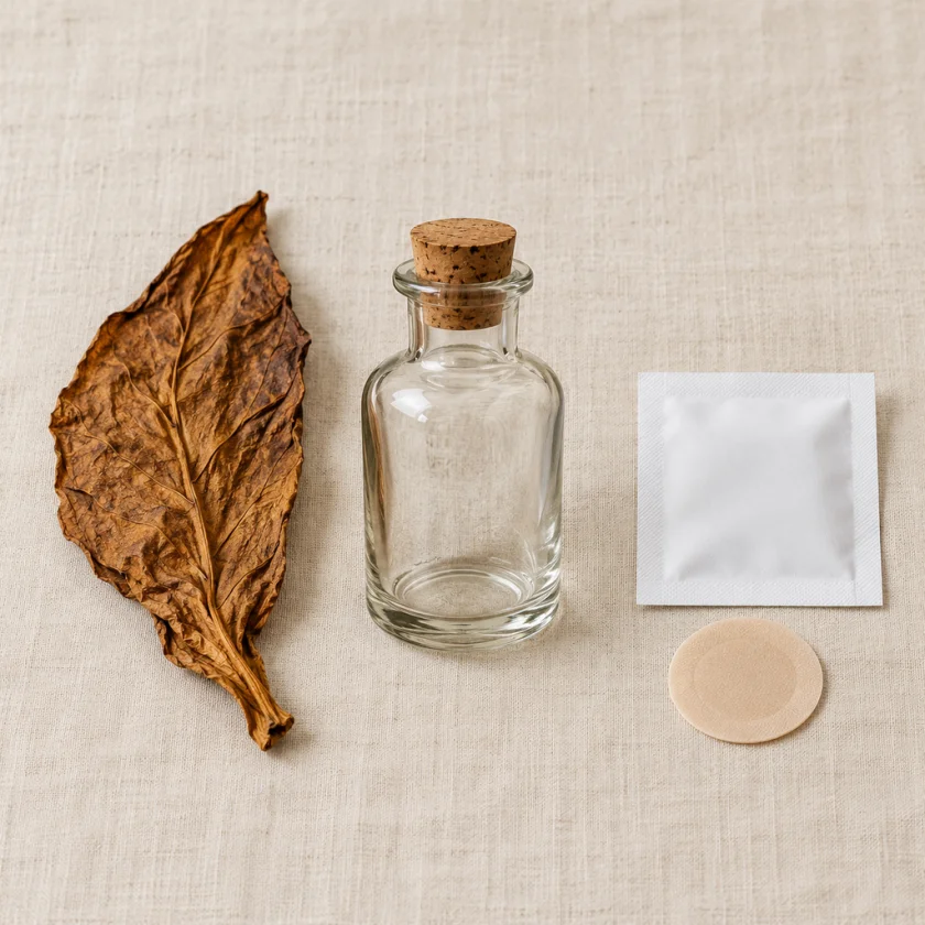 A tobacco leaf, an antique apothecary bottle and a modern transdermal patch in a row