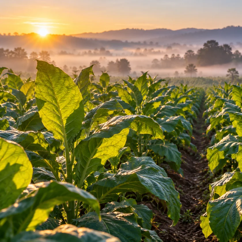 Tobacco field at dawn with mist
