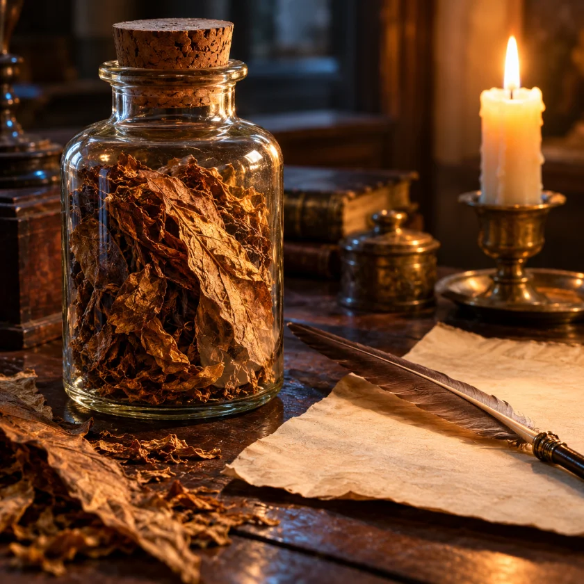Antique apothecary jar of dried tobacco leaf by candlelight