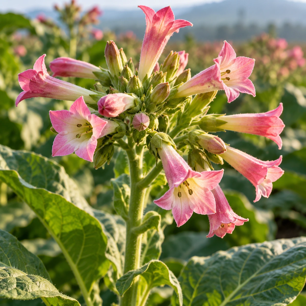 Pink Nicotiana flowers in close-up