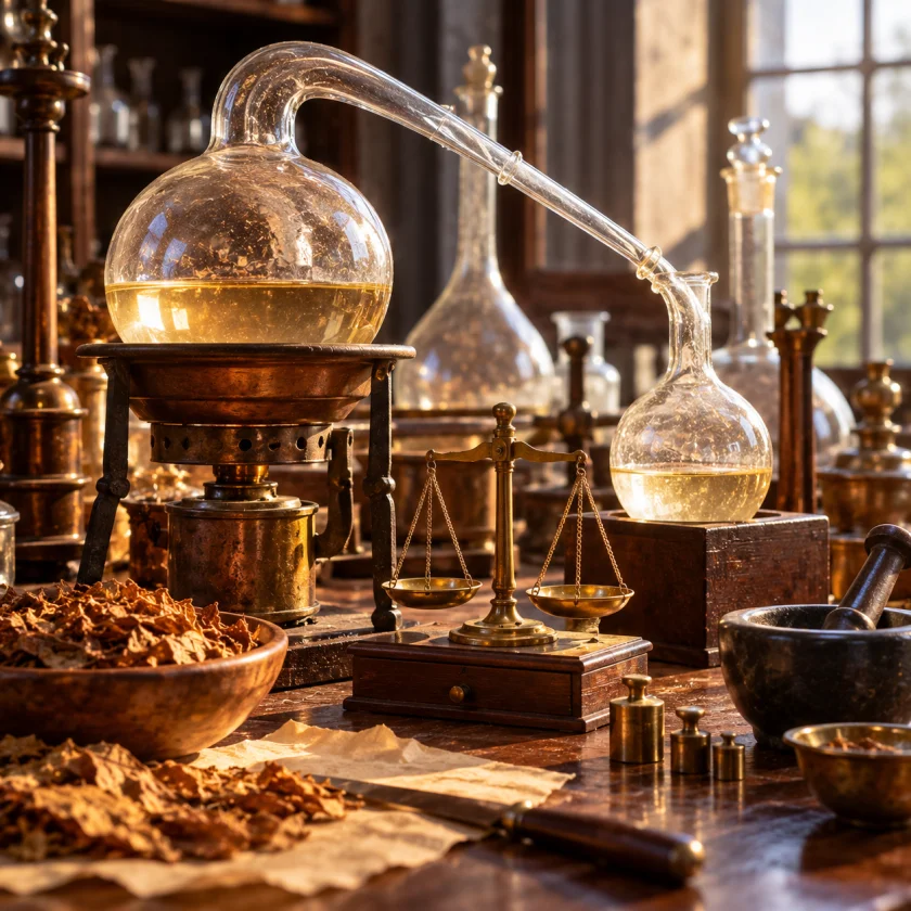 Antique laboratory glassware and a brass balance