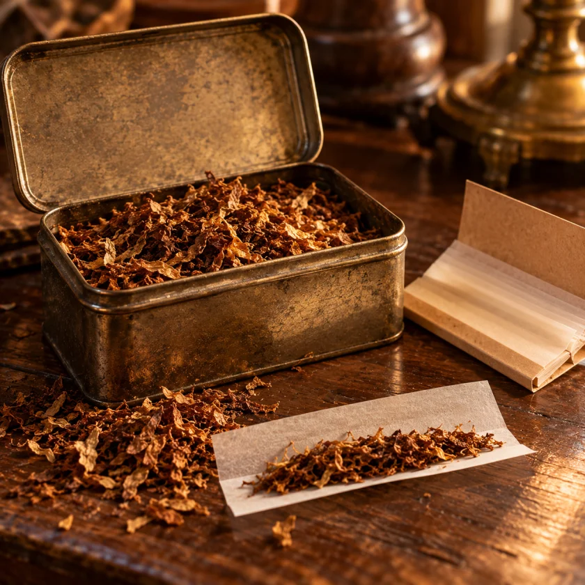 Vintage tin of loose tobacco with rolling papers