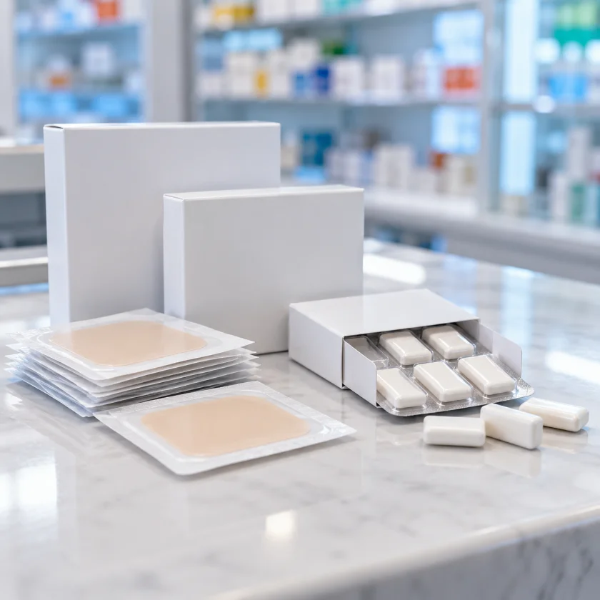 Plain boxes of patches and gum on a pharmacy counter
