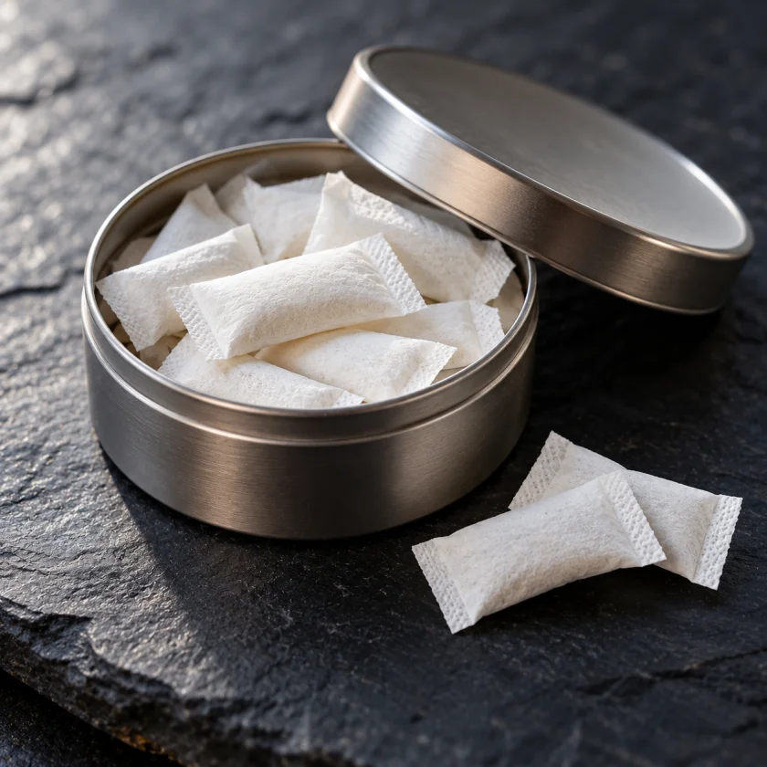 Open tin of white nicotine pouches