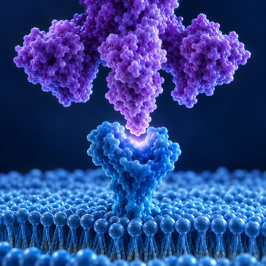 Spike protein approaching a receptor in a cell membrane