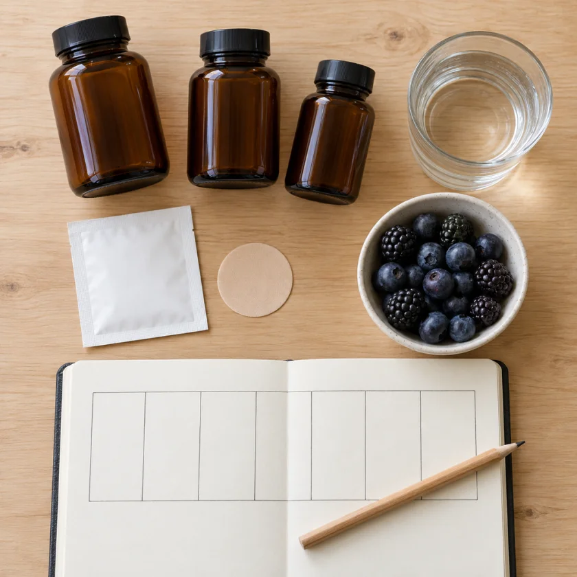 Flat-lay of a patch sachet, unlabeled supplement bottles, water and a blank weekly diary