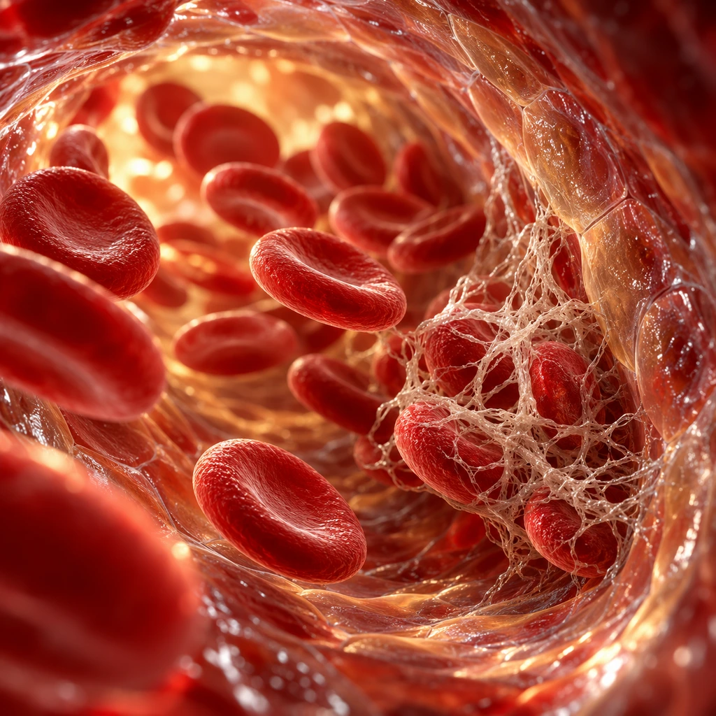 Fibrin strands trapping red blood cells inside a capillary