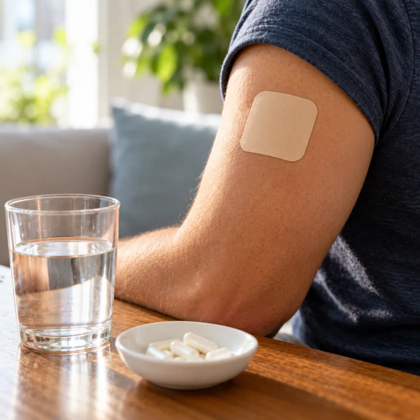 Patch on an arm with water and a dish of capsules
