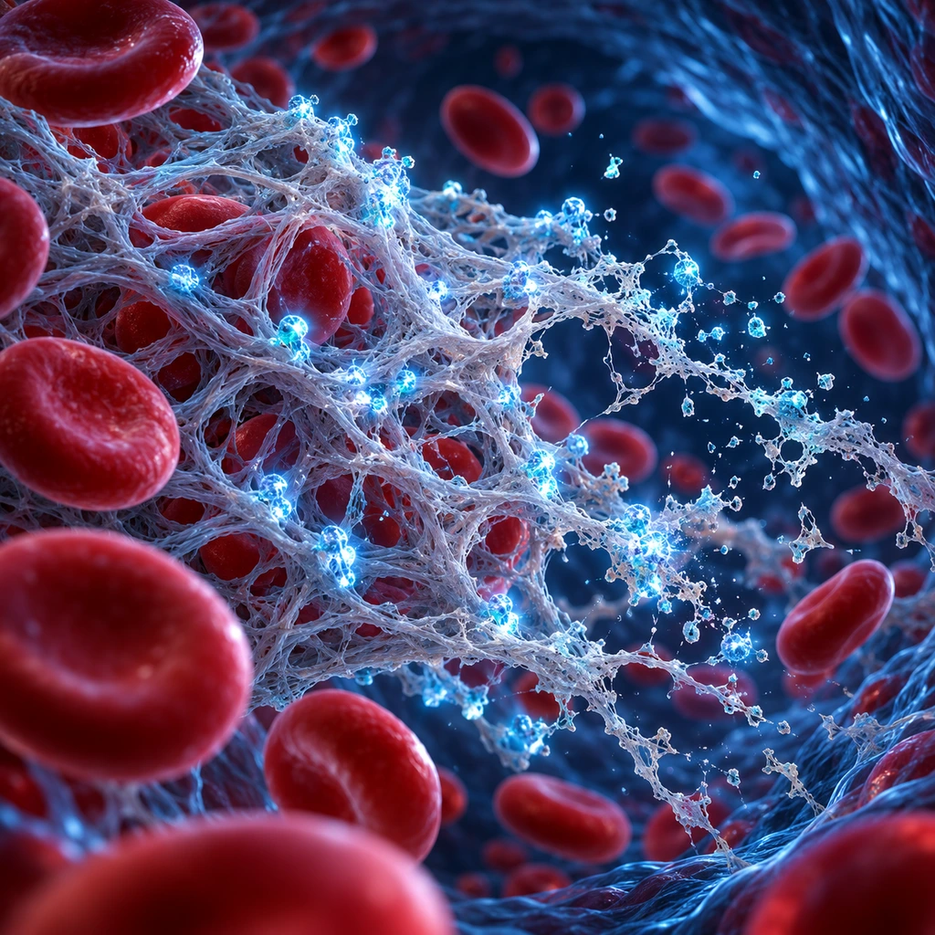 Fibrin mesh dissolving in a vessel with glowing particles