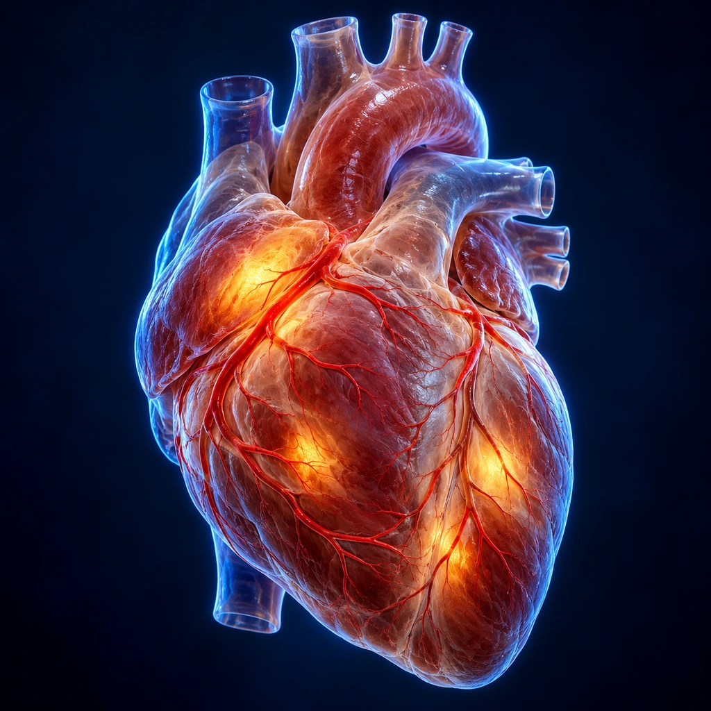 Translucent heart with glowing patches on its wall