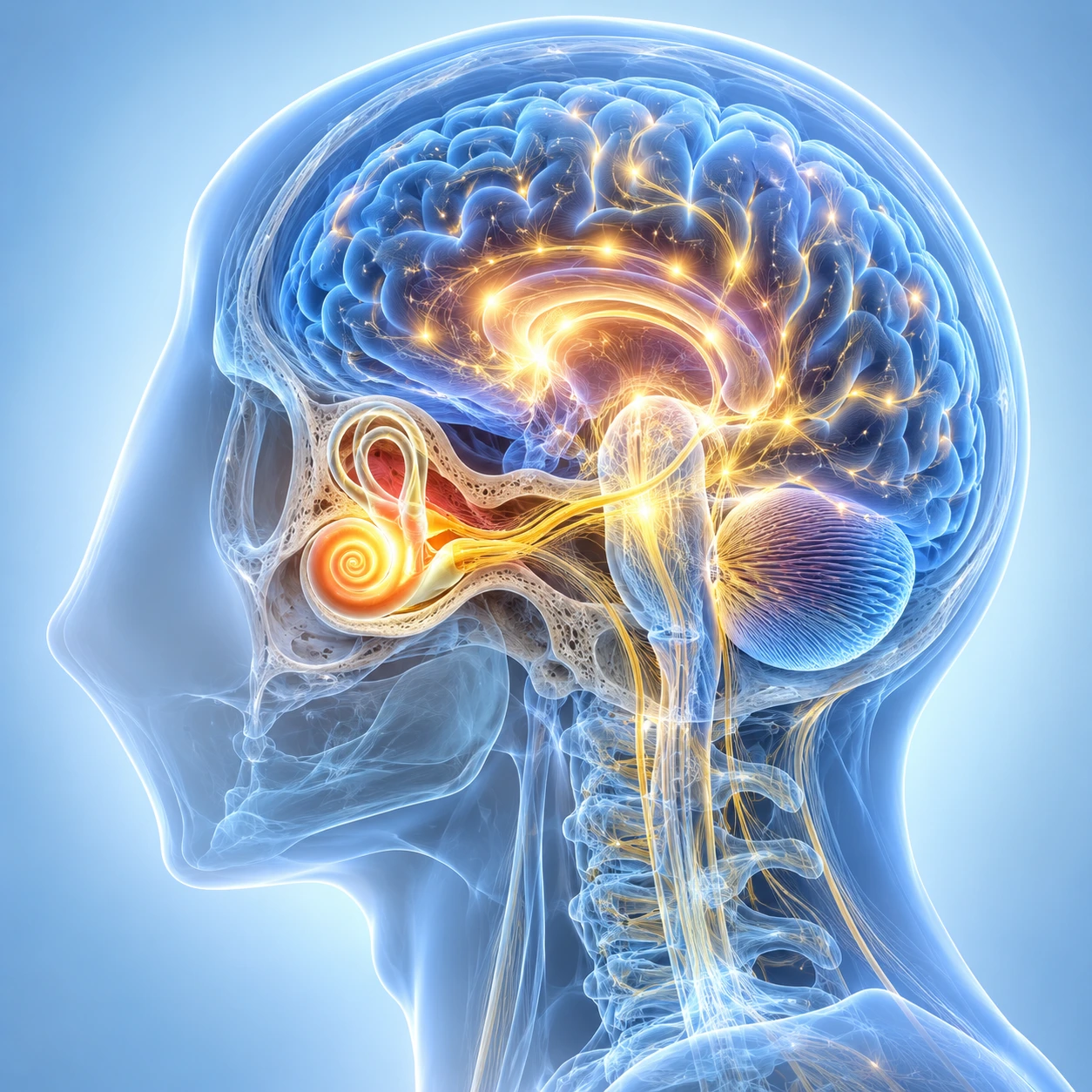 Translucent head in profile with glowing inner ear and brain