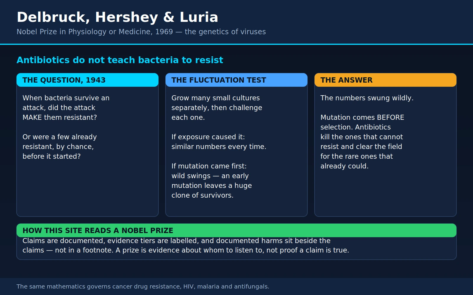 Delbruck Hershey Luria — scientific infographic poster
