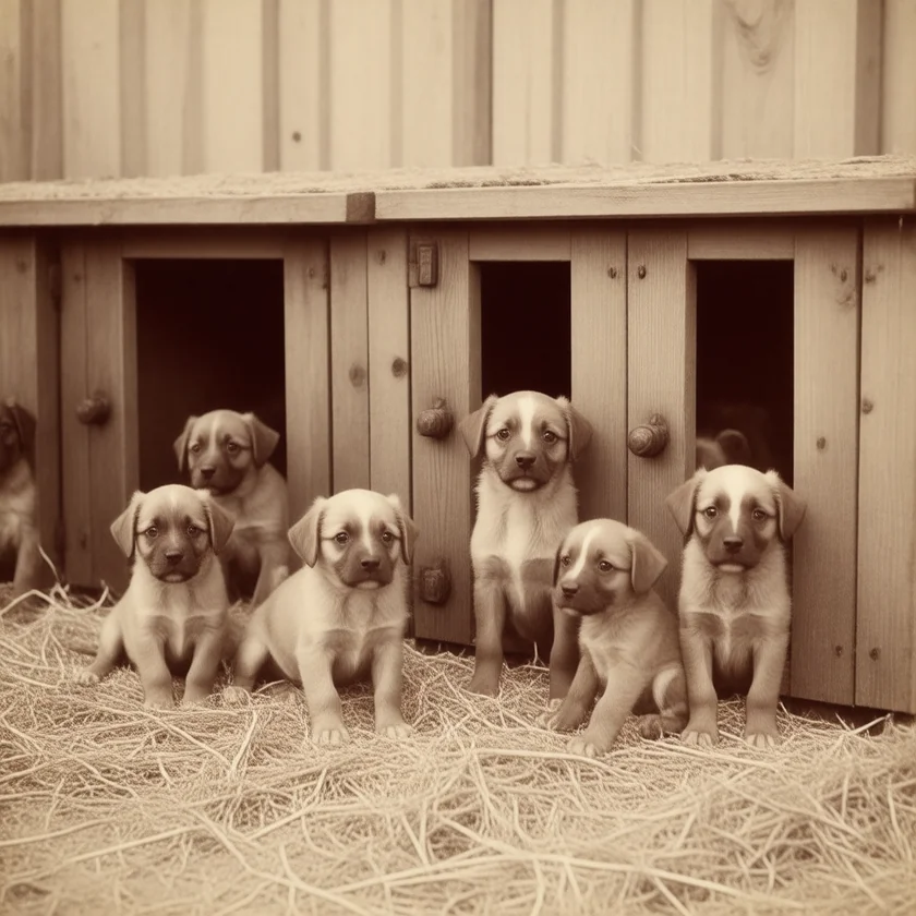 Puppies in kennels, like those of the Cambridge experiments