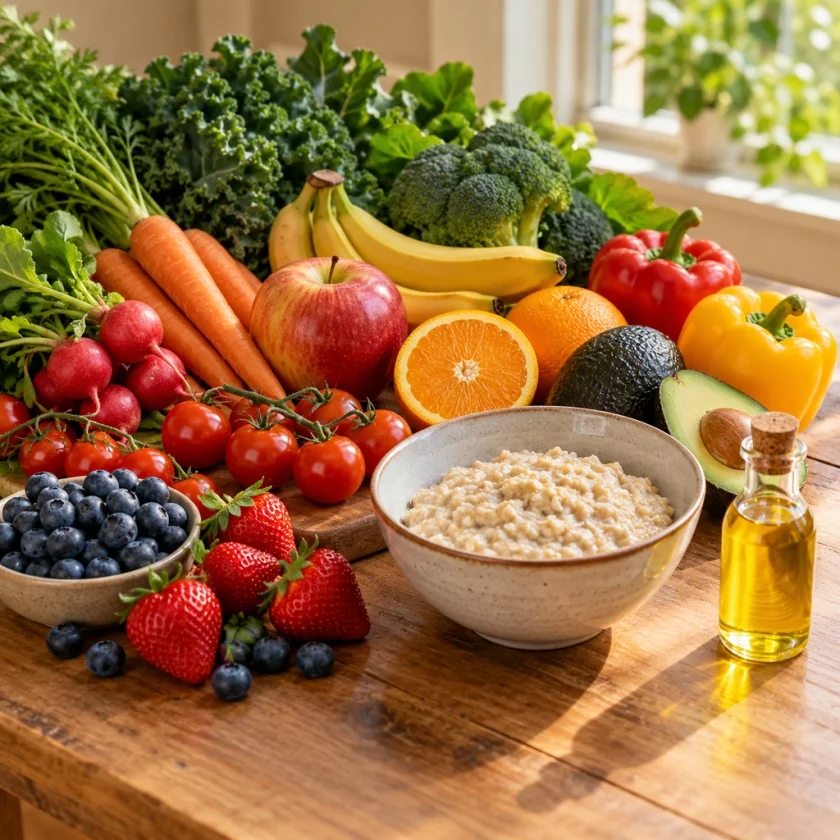 Day's produce spread beside bowl of oatmeal and small bottle of flaxseed oil