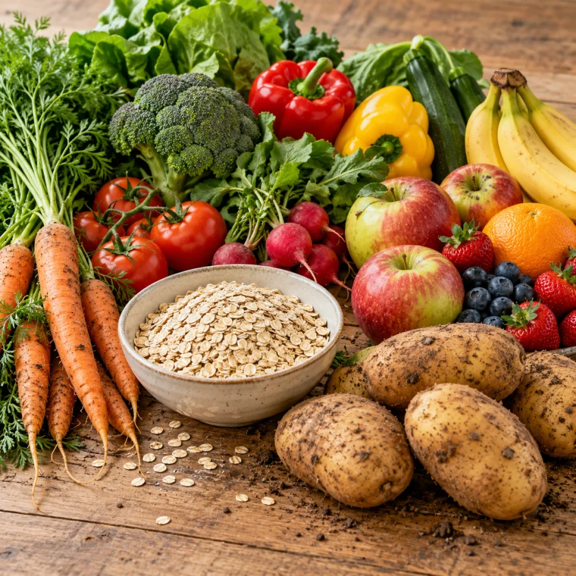 A table of allowed foods: fresh vegetables, fruit, oats, potatoes, unpeeled and organic