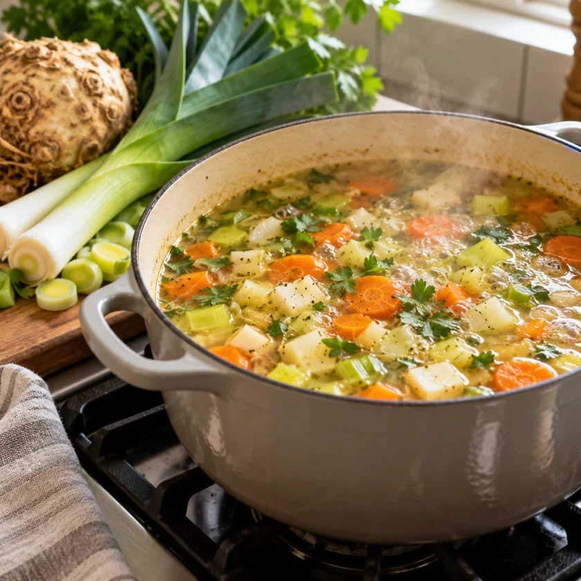 A large pot of vegetable soup simmering on a stove with leeks and celery root nearby