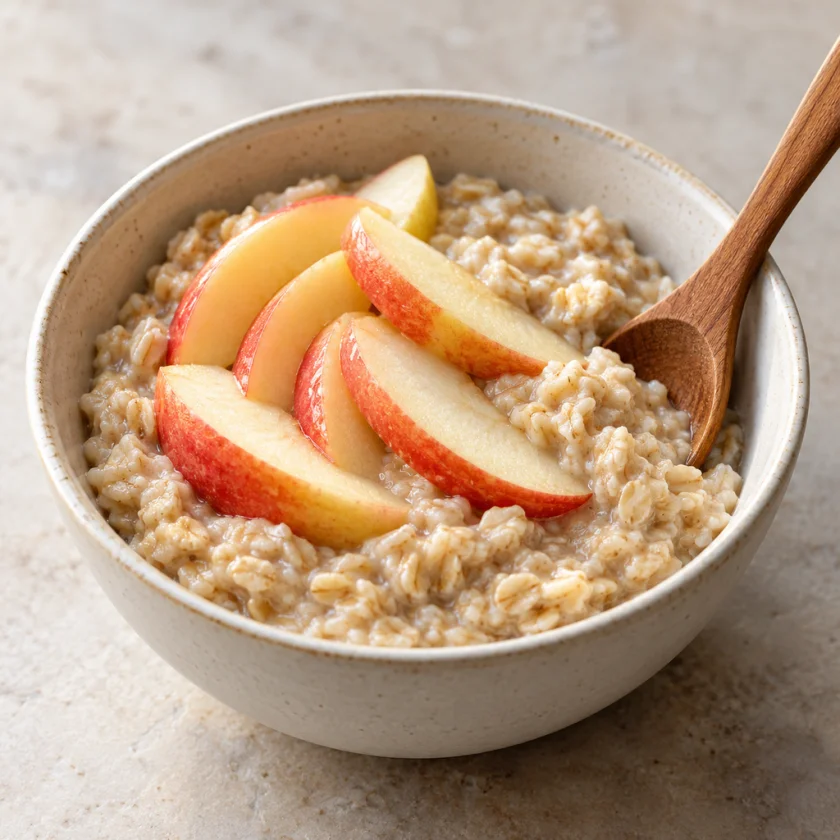 A bowl of plain oatmeal with sliced apples and a wooden spoon