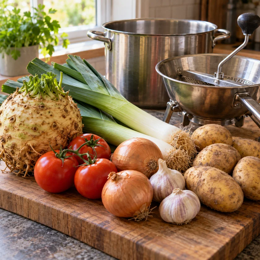 Unpeeled celery root, leeks, tomatoes, onions, garlic and potatoes on a cutting board beside a soup pot and a hand food mill